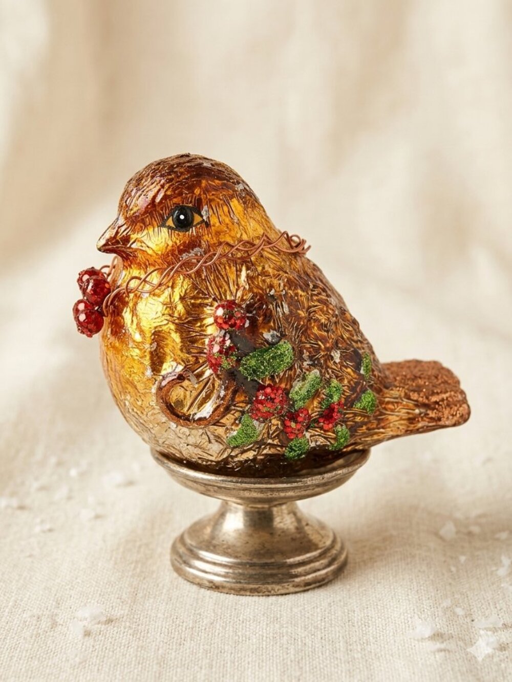 North Pole Festive Bronze Glass Bird Ornament with Red and Green Holly NWT